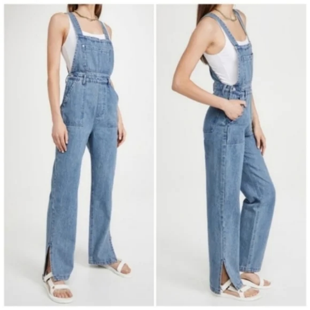 WeWoreWhat Slouchy Slit Overalls in Steel Jeans Pants Romper Blue